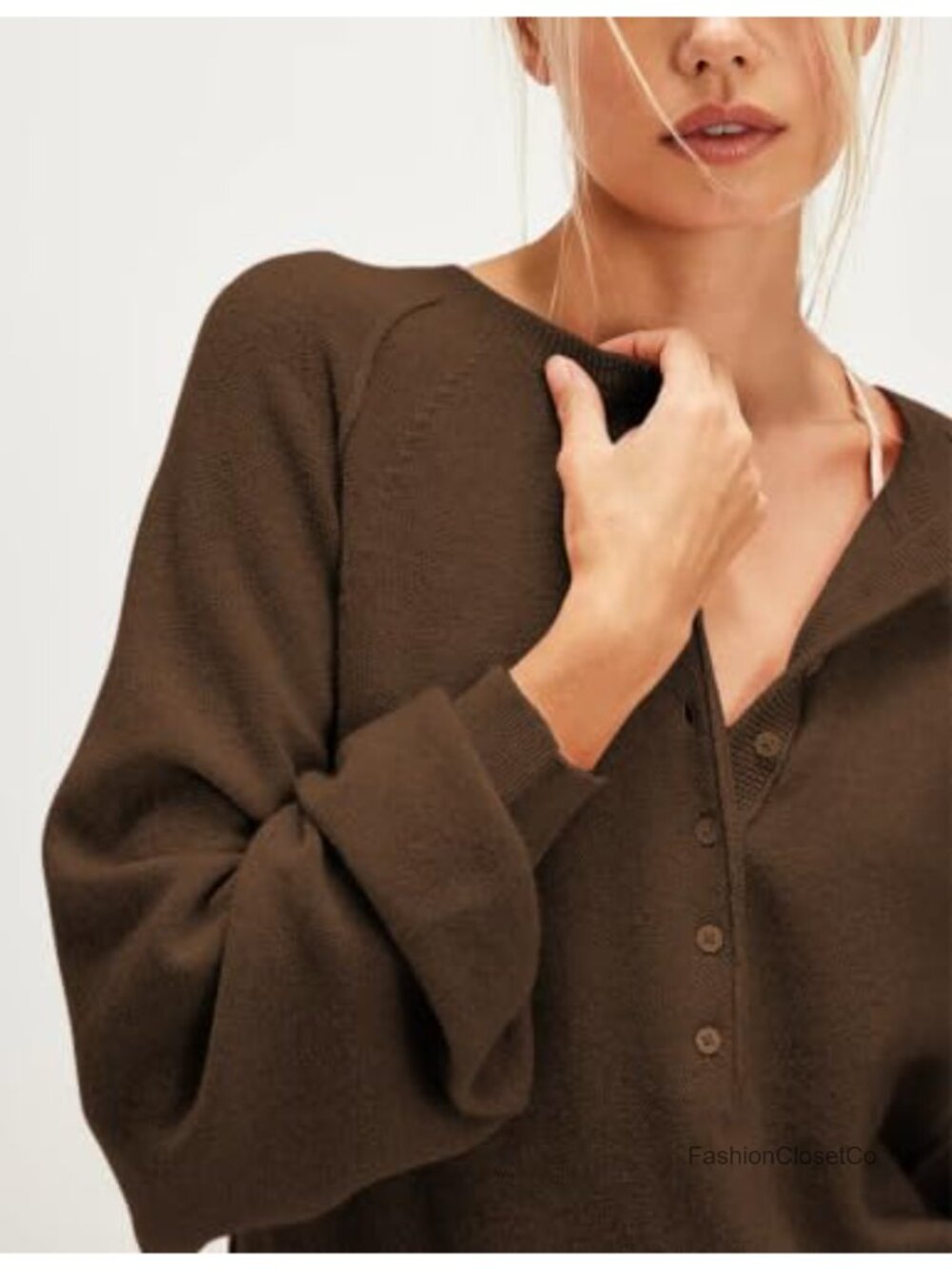 Women's Half Button Knit Sweater Henley Neck Long Sleeve Pullover Top - Picture 2 of 5